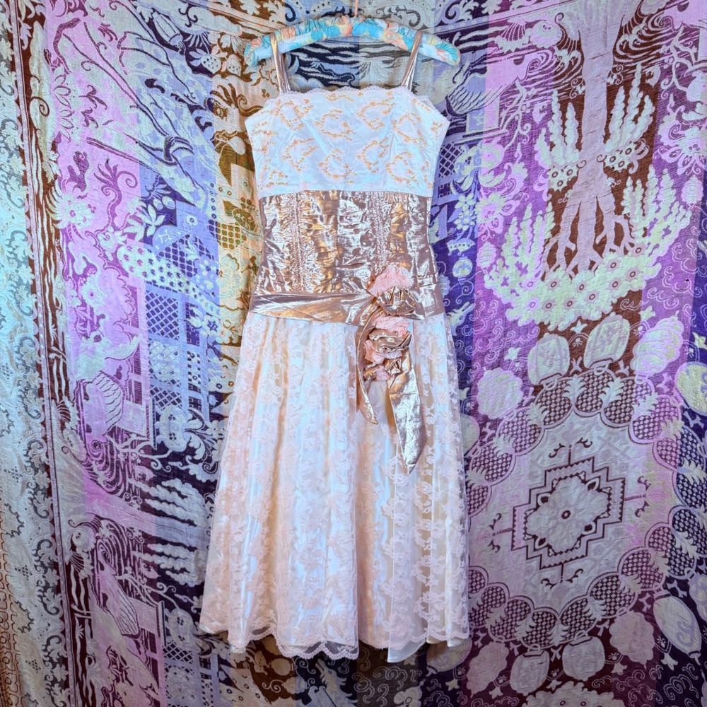 80s Pink Fairy Princess Lace Sequin Metallic Drop Waist Coquette Dress Size XS